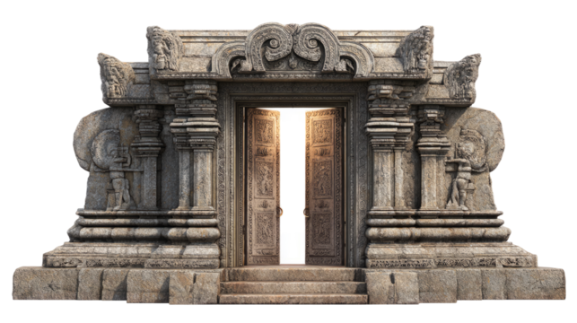 Open stone temple double doors, ancient carvings glowing with light, isolated on white