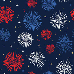 A seamless pattern of red white and blue fireworks with stars on a dark blue background design pattern