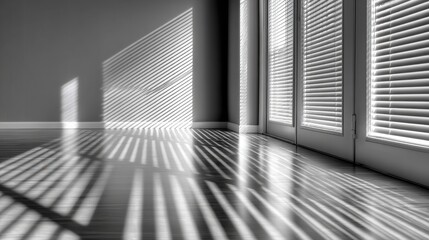 Obraz premium Sunlight casting striped shadows across a minimalist room with wooden floors and blinds