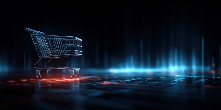 Innovative shopping cart with digital technology and glowing effects in futuristic environment. - Powered by Adobe