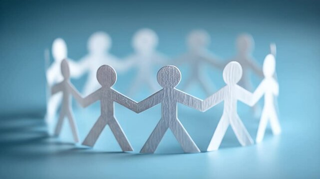 Paper Figures Holding Hands in Circle Shape Symbolizing Teamwork on Blue Backdrop