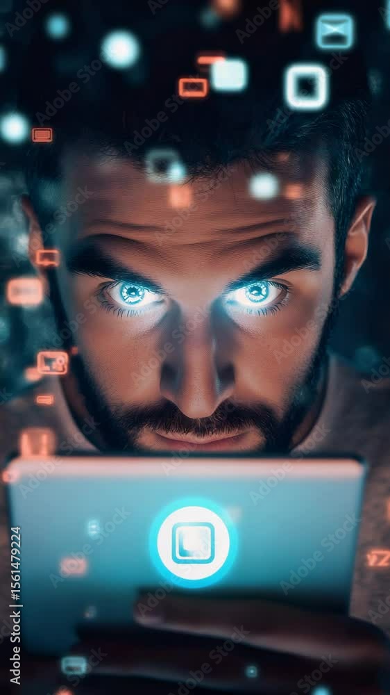 Poster Digital rain of notification icons falling on a focused programmer working late at night on a tablet, experiencing stress and information overload