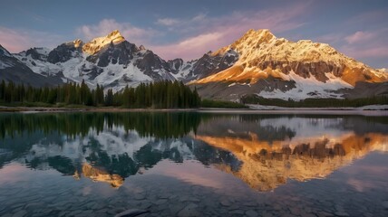 Sunset Mountains and Mirror-Like Lake in a Mesmerizing Landscape