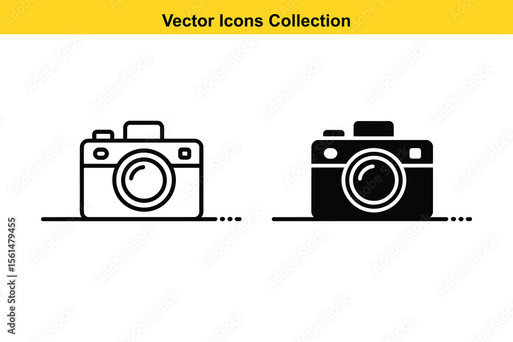 Poster two simple vector icons of cameras one outlined and one filled black