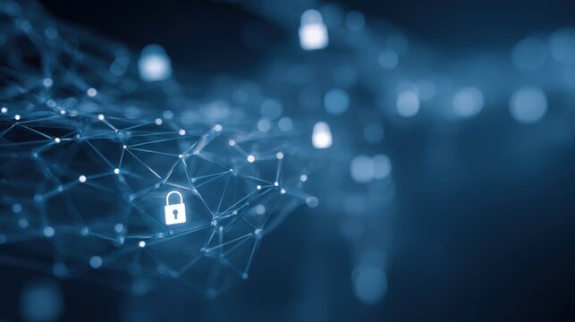 Futuristic digital security network with interconnected data points and padlock icons. - Powered by Adobe