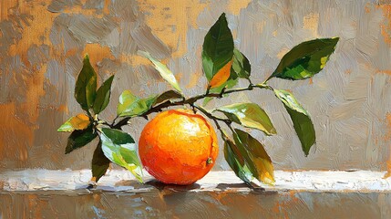Still life of an orange fruit with leaves on a textured surface.  A vibrant orange rests on a light-colored ledge, adorned with verdant leaves and a delicate branch. The artwork showcases a textured 
