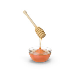 Honey Dripping Wooden with Honey Dipper Bowl of Honey, Sweet Treat Golden Honey, 3d, transparent background, PNG