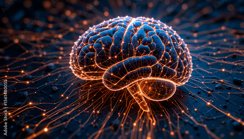 Poster artificial intelligence glows with a neural network highlighting brain power and its technological c