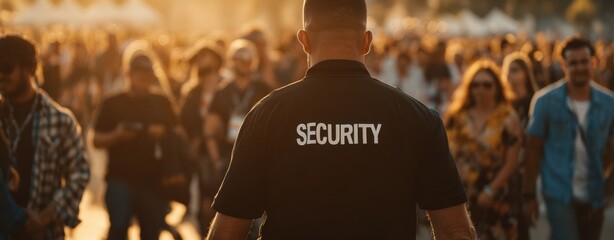 The Dedicated Security Guard Overseeing a Busy Outdoor Event at Sunset