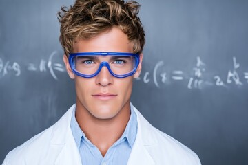 young scientist glasses chalkboard, smart researcher, concept education science