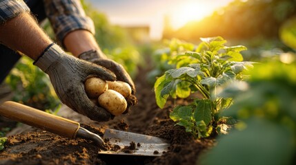 Gardening worker harvesting fresh potatoes in a lush green field at sunset.