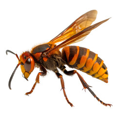 A close-up of a hornet with orange and black stripes. The insect has large eyes and transparent wings. It is depicted against a transparent background.