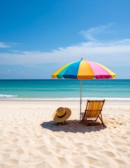 empty beach with colorful umbrella, beach chair, and a straw hat placed on the sand