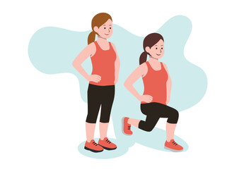 Illustration of two women doing gymnastics and physical exercise. Fitness activities, light exercise, healthy routines, strength training.