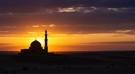 Obraz premium Serene mosque silhouette at sunrise casts a tranquil ambiance over the arid landscape