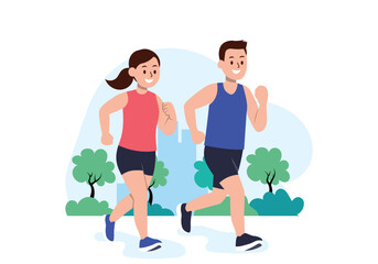 Illustration of two people jogging together in a city park. Healthy activities, active lifestyle, morning exercise, couple exercising.