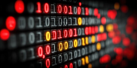 Close-up of binary code with red and yellow digits on digital screen background.