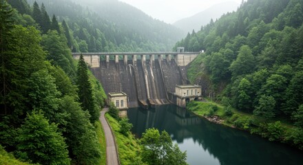 Hydroelectric dam nestled among lush green forested hills and calm river waters