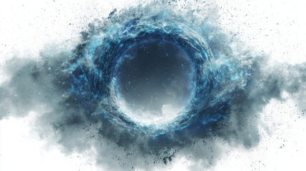 Fototapeta premium Ice-blue portal with frosty particles and swirling mist, white background