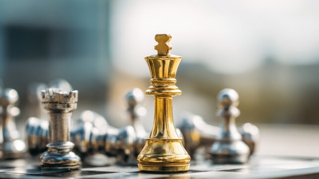 Close-up of a golden chess king piece standing tall among silver chess pieces on a board representing strategy and leadership in a game setting.