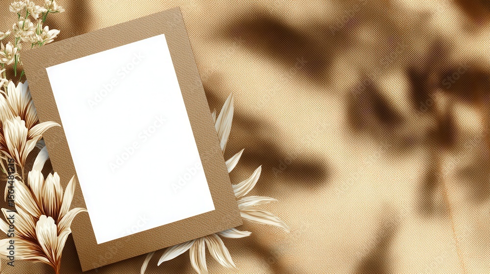 Poster elegant blank photo frame surrounded by soft floral elements on a textured background