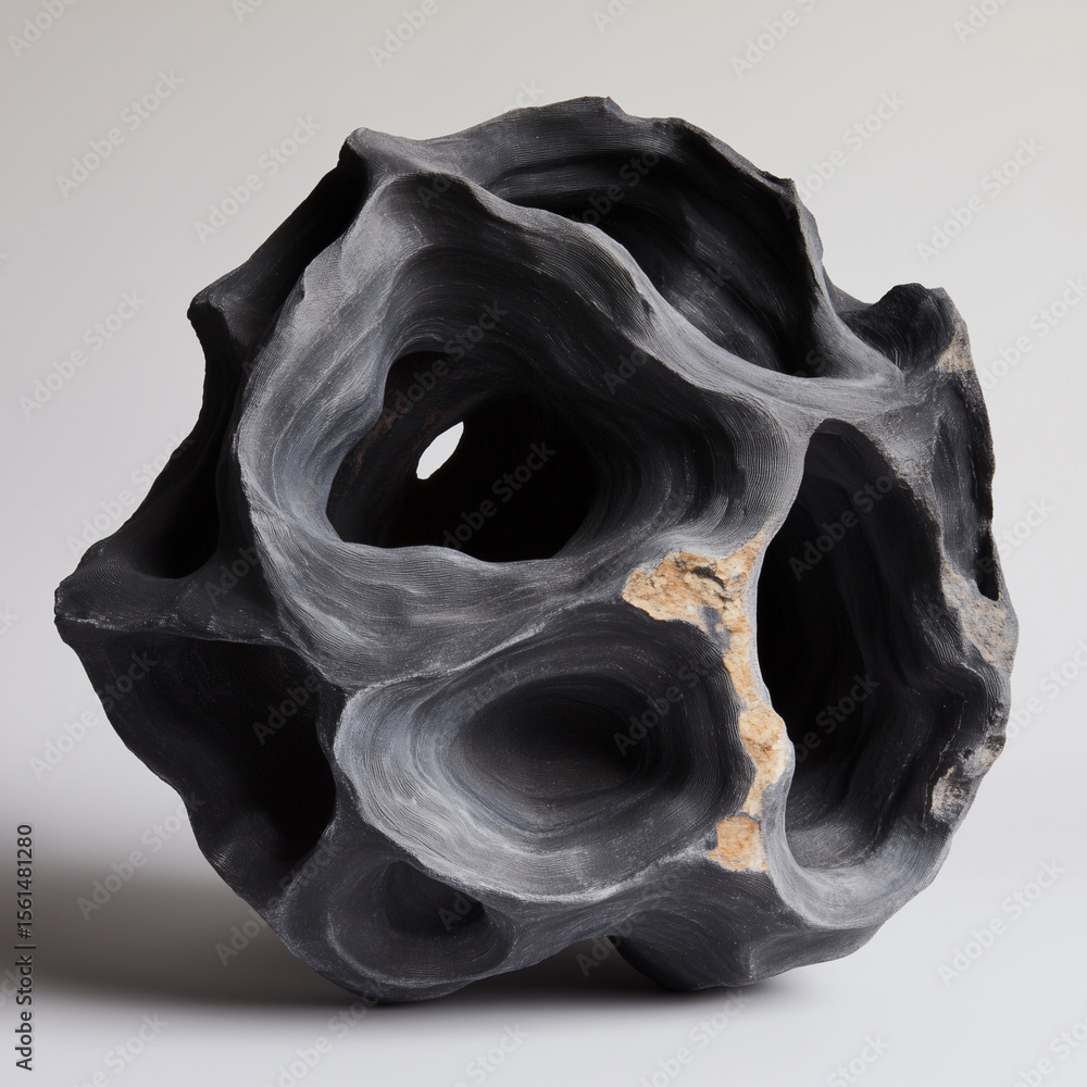 Poster a dark porous rock sphere with multiple holes and a light colored patch on a white background surfac