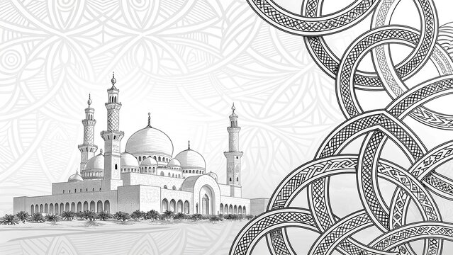 Illustration of mosque with pattern on white background. Ramadan Kareem.