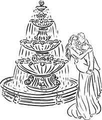 Bride and Groom at Fountain Sketch for Wedding Poster