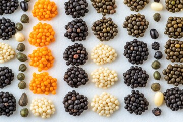Organized rows of various seeds and grains