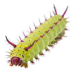 Fototapeta premium A close-up of a green caterpillar with spiky purple and white features on a transparent background. The caterpillar has a distinct segmented body and prominent horns.