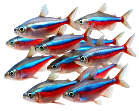 A group of ten neon tetra fish swimming together. They have bright blue and red stripes, with a transparent background for easy integration into various designs.