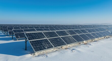 Winter energy generation solar panel array amidst snowcapped landscape in azure sky backdrop