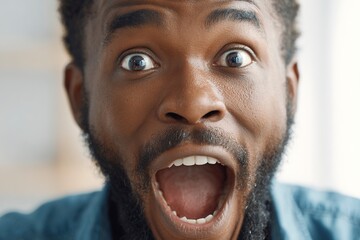Close up photo happy surprised excited face miracle good news amazing rejoice saying wow African American ethnic man open mouth wide surprise male at home insurance loan owner achieve success 