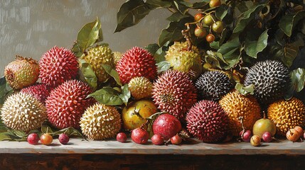 Still life of tropical fruits.  A vibrant display of exotic fruits, meticulously rendered in oil paint.  Various textures and colors of durians, apples, and other