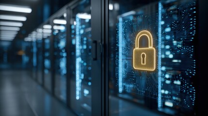 Modern server room with digital security lock icon on data storage cabinets and blue technology background.