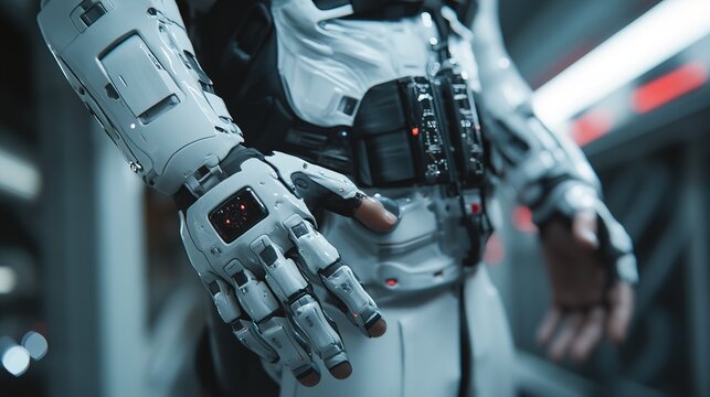 A futuristic wearable exoskeleton enhancing human capabilities