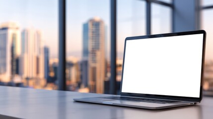 Modern laptop on a sleek desk with a city skyline view during sunset, showcasing urban lifestyle