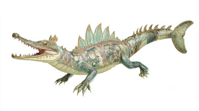 Makara, mythical sea creature, ancient indian style, isolated on white