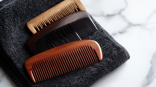 Three wooden and plastic hair combs with wide teeth and fine detail on a black towel on white marble background.