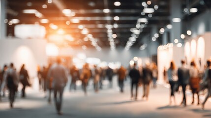Obraz premium Busy crowded exhibition hall with attendees walking and colorful lighting atmosphere.