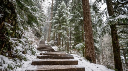 Scenic snow covered forest trail with wooden steps winding through tall pine trees.