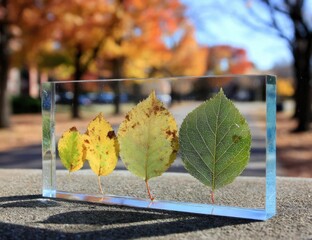Four autumn leaves in a clear acrylic display