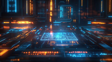 Luminous sci-fi interface with overlapping holographic panels