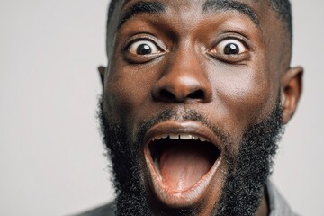 Close up photo happy surprised excited face miracle good news amazing rejoice saying wow African American ethnic man open mouth wide surprise male at home insurance loan owner achieve success 