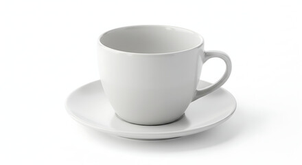 Fototapeta premium A plain white teacup and saucer sit on a white background.