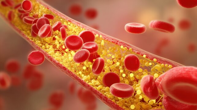 Detailed microscopic view of blood vessels with red blood cells flowing inside.