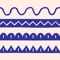 Sea side seamless border set. Cute hand-drawn vector waves, zigzag, laces. Grungy geometric ornaments with retro beach vibes. Perfect for postcards, posters, prints, and decoration.