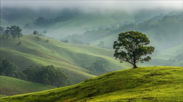 Lush green rolling hills with scattered trees in foggy morning landscape scene.