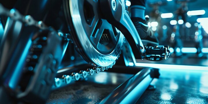 A closeup of a stationary exercise bikes chain and pedal in a modern gym