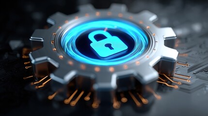 High Tech Digital Lock Security System with Cyber Lock Icon on Gear and Circuit Board.